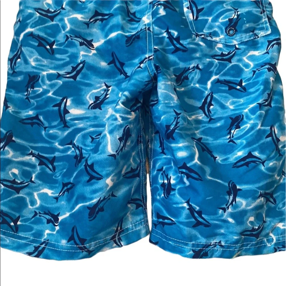 Nautical Shark Print Boys’ Turquoise Swim Trunks